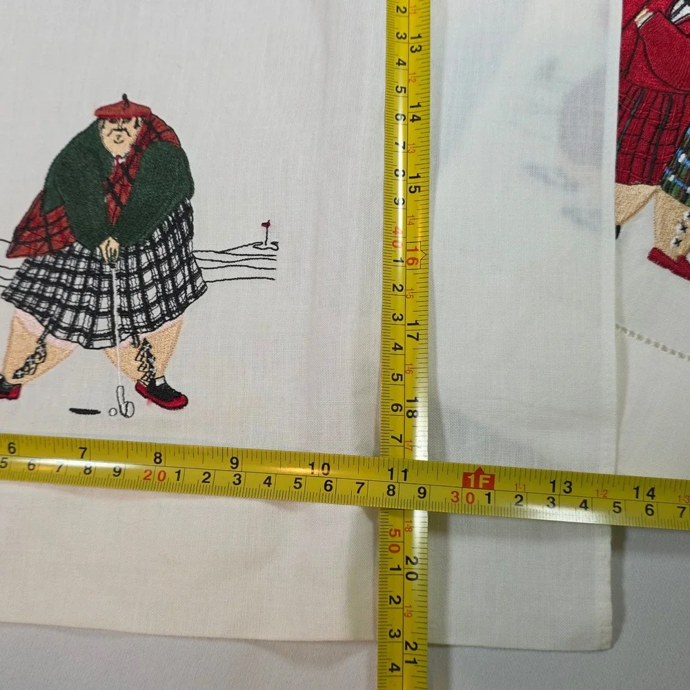 Scottish Golfers White Embroidered Tea Towels Set of 3 Ramie Cotton